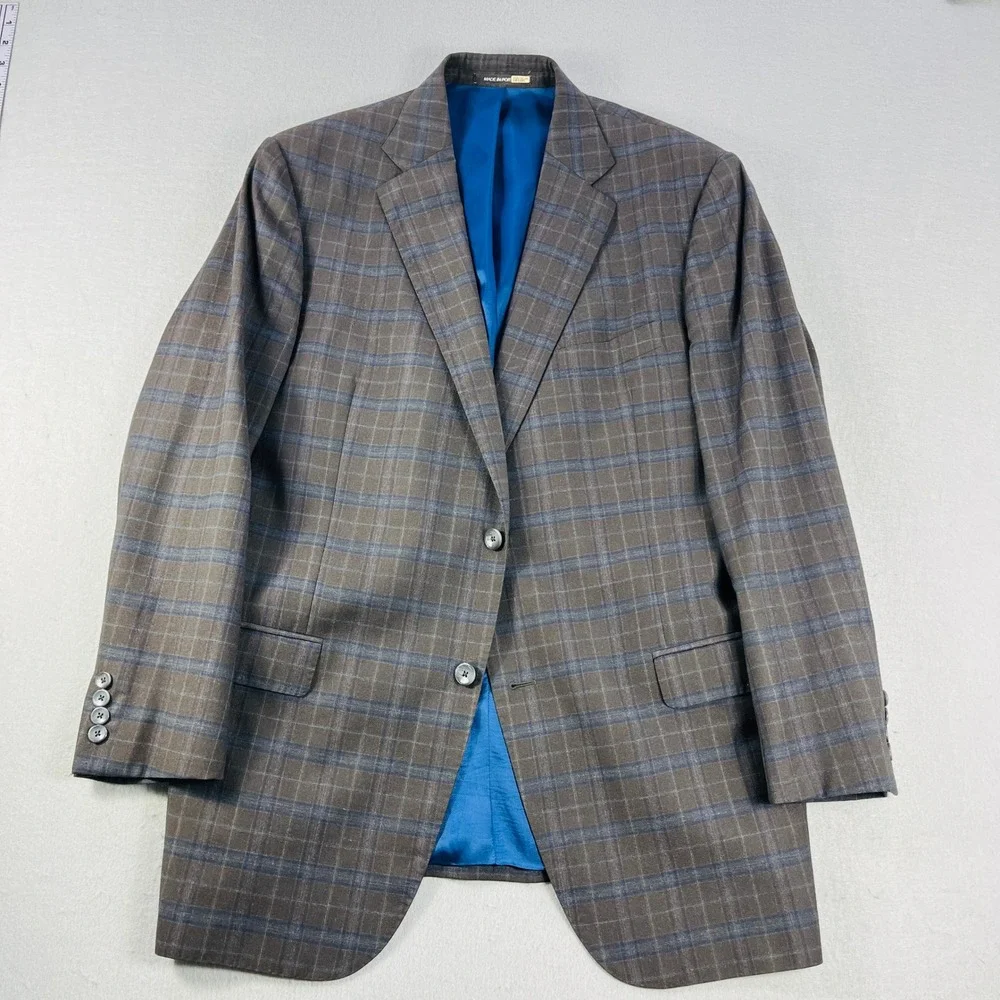 J. Hilburn Guabello Wool‎ Blazer Mens 45R Brown Blue Plaid Sport Coat Portugal